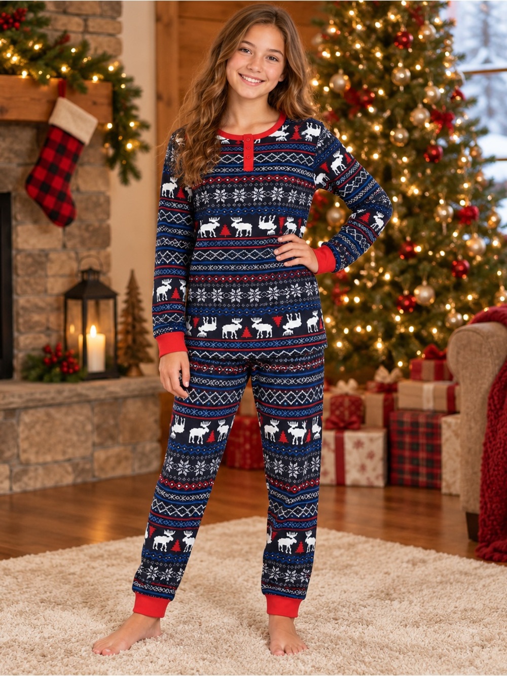 Cat & Jack Youth XL 14/16 Christmas Fair Isle Moose Pajama Set